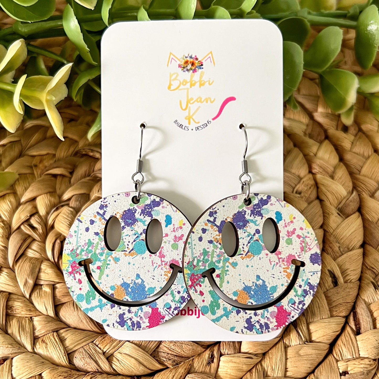 Paint Splatter Wood Smile Earrings - LAST CHANCE