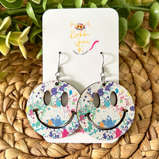 Paint Splatter Wood Smile Earrings - LAST CHANCE