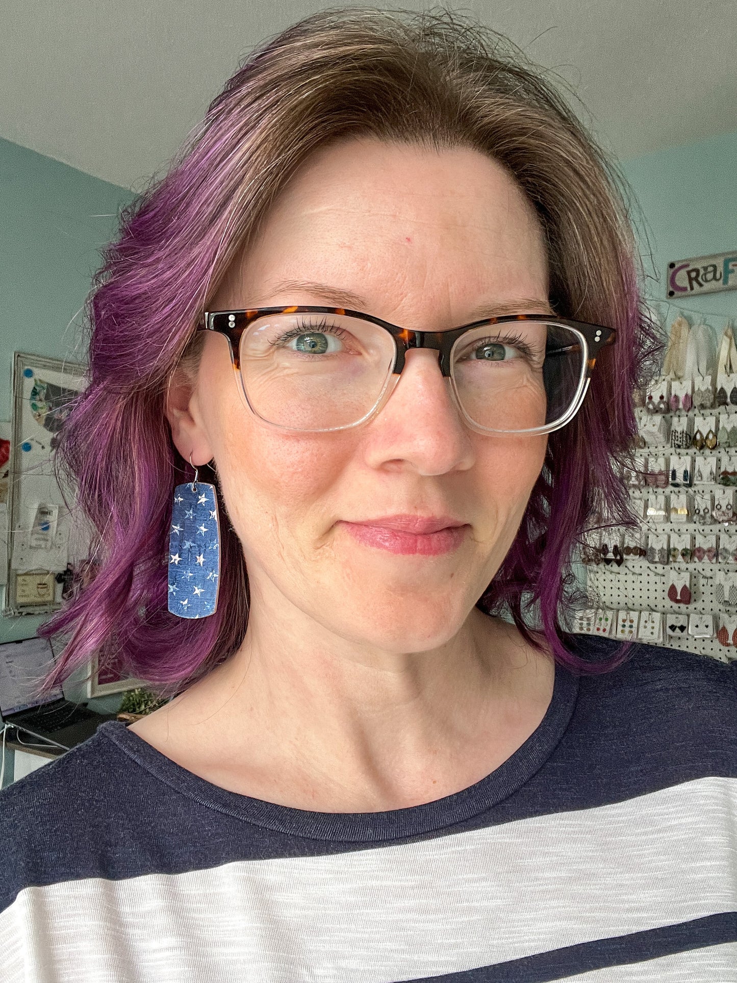 Denim Stars Bar Cork on Leather Earrings - LAST CHANCE