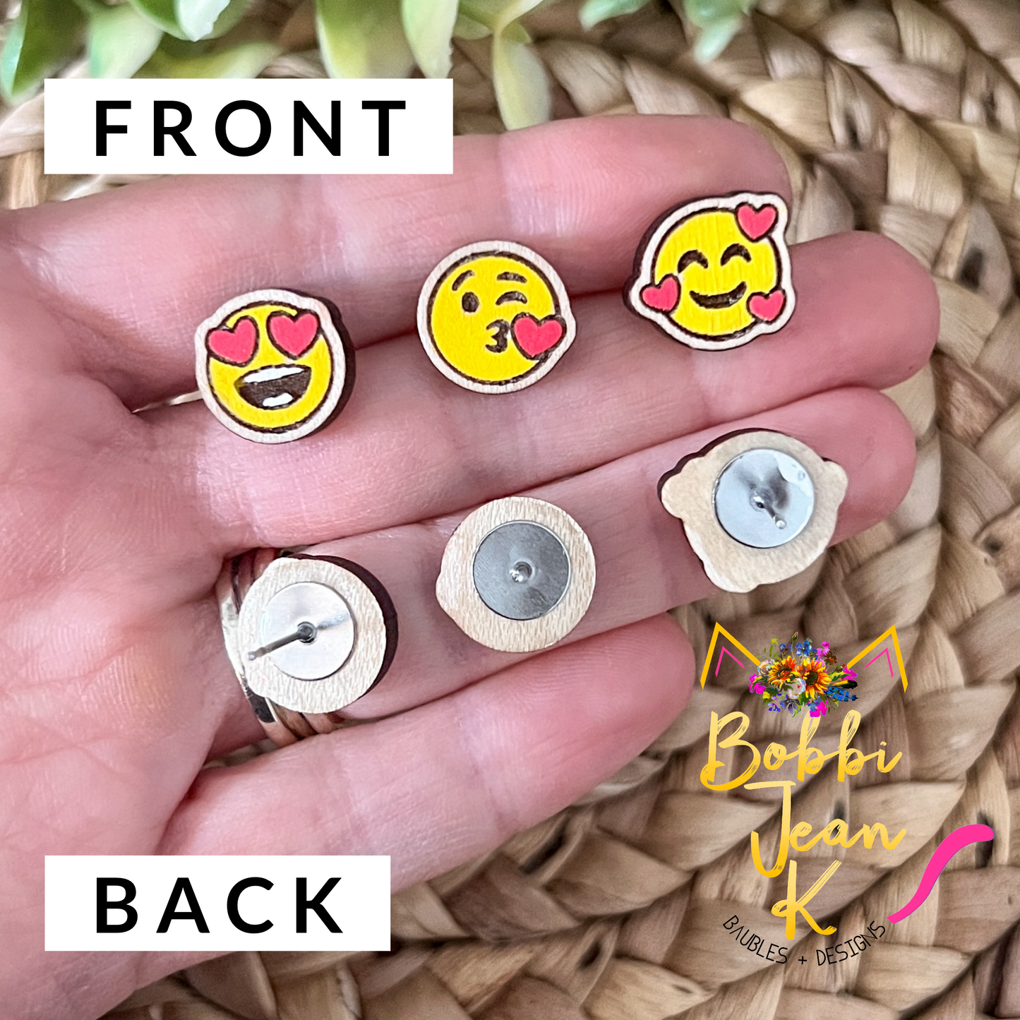 Hand Painted Heart Face Wood Studs: Choose From 3 Designs