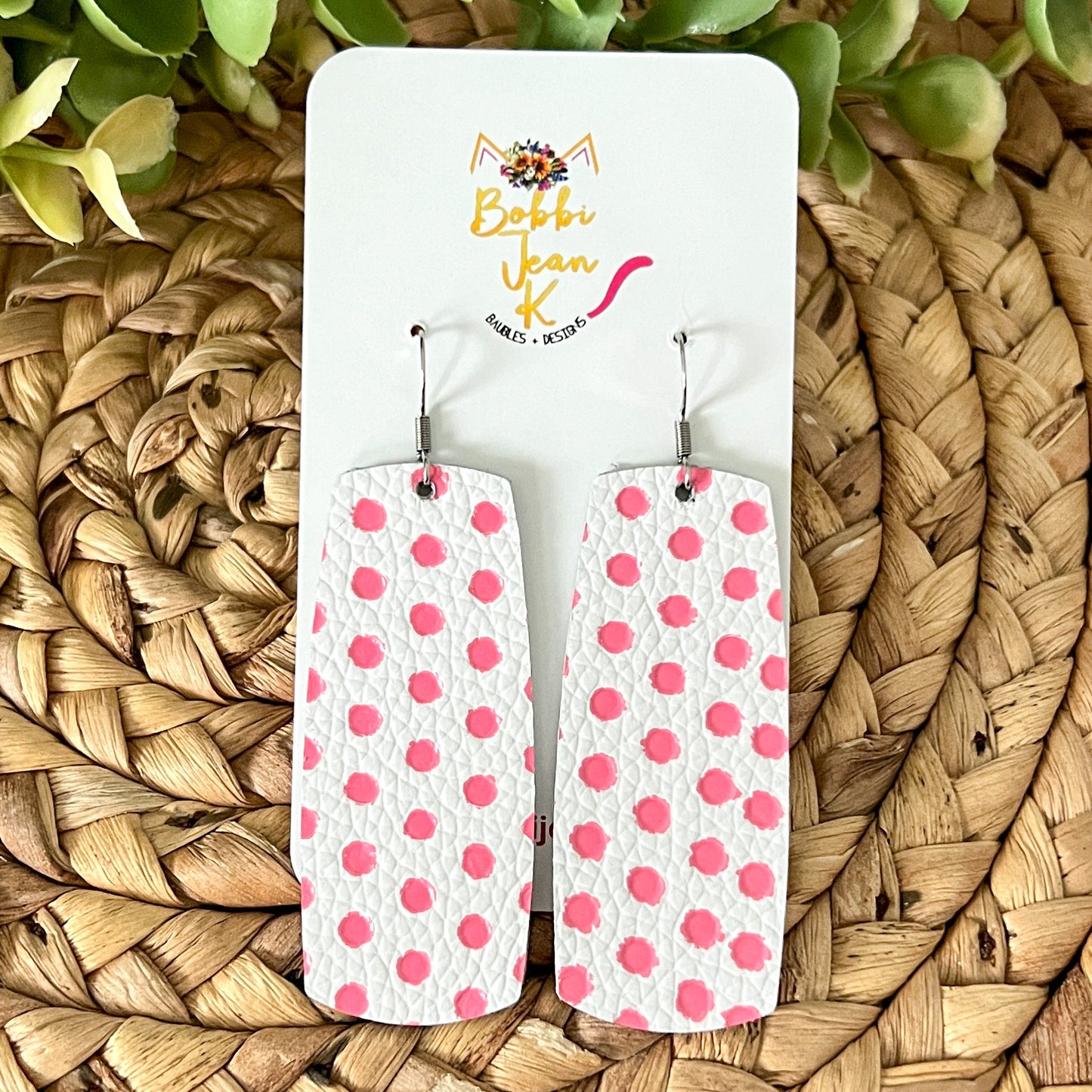 Pink Polka Dotted Embossed Leather Earrings: Choose From 2 Styles - ONLY ONE ROUNDED TEARDROP LEFT