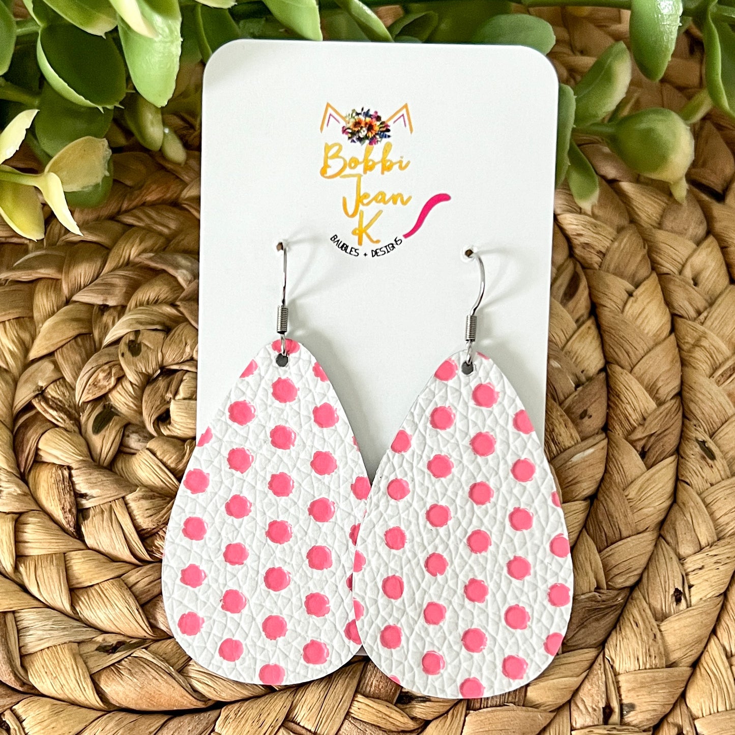 Pink Polka Dotted Embossed Leather Earrings: Choose From 2 Styles - ONLY ONE ROUNDED TEARDROP LEFT