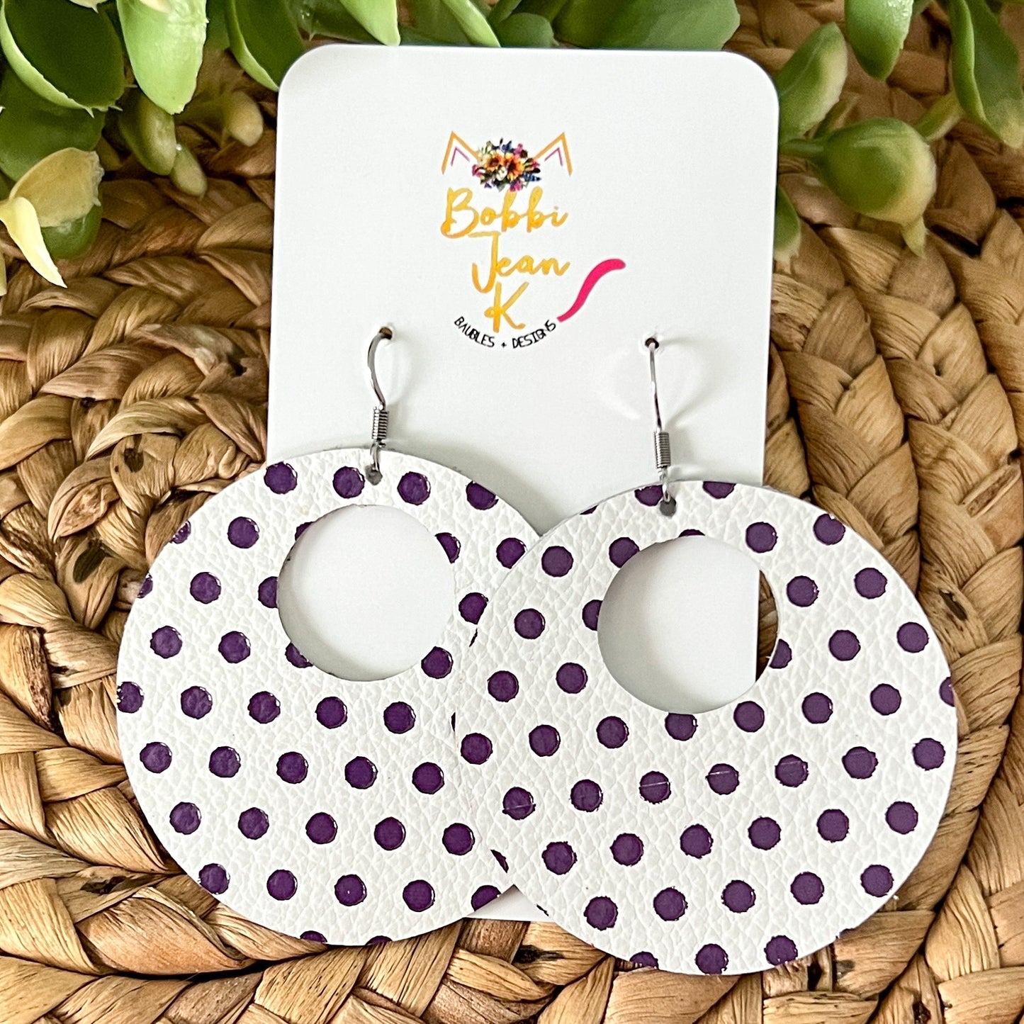 Purple Polka Dotted Embossed Hoop Leather Earrings: Choose From 2 Sizes - LAST CHANCE