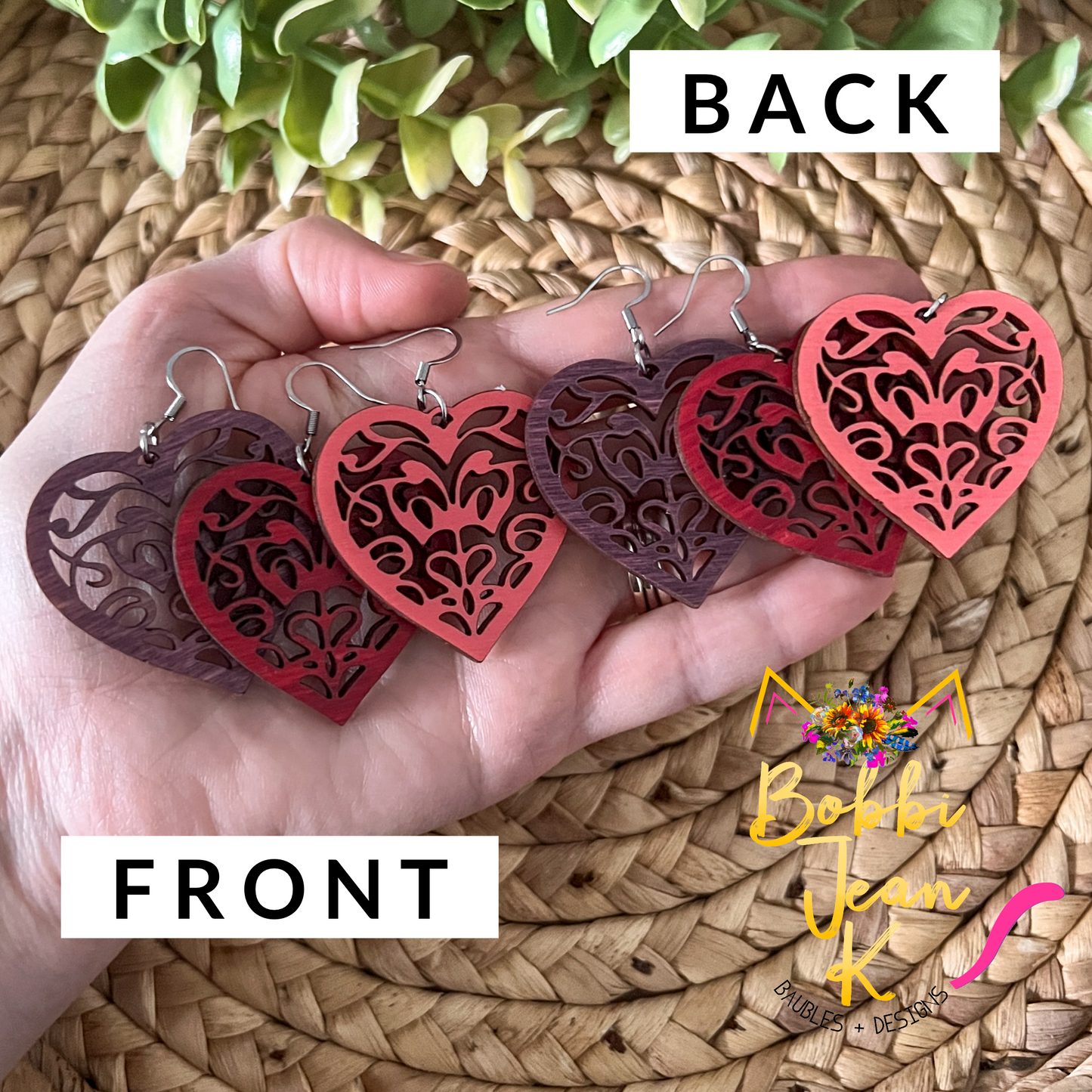 Doily Heart Dyed Wood Earrings: Choose From 3 Colors
