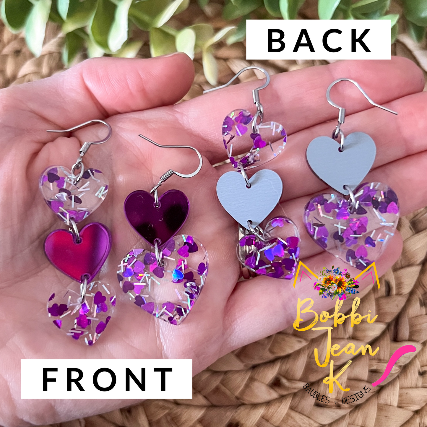 Purple Glittered & Mirrored Heart Acrylic Earrings: Choose From 2 Styles