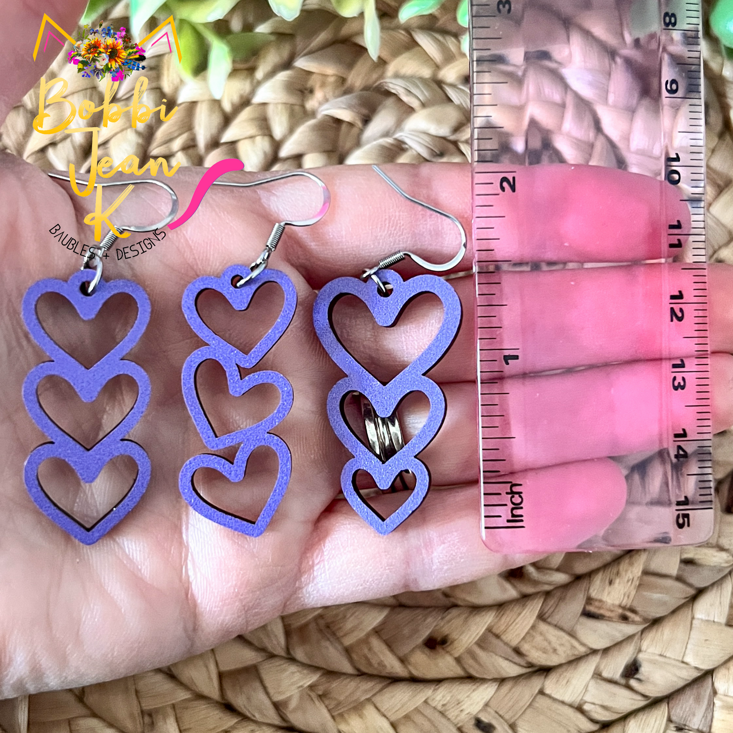 Purple Stacked Heart Wood Earrings: Choose From 3 Designs