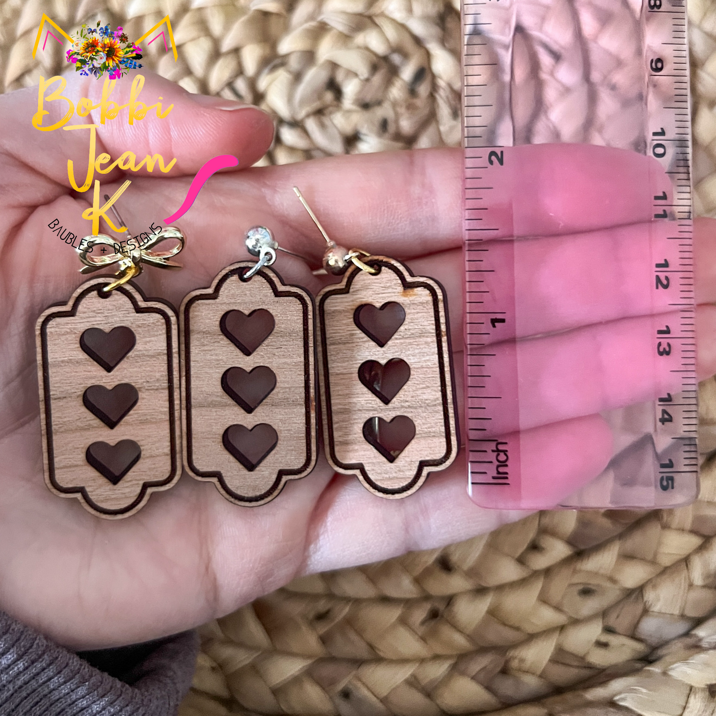 Triple Heart Wood Frame Earrings: Choose From 3 Stud Options