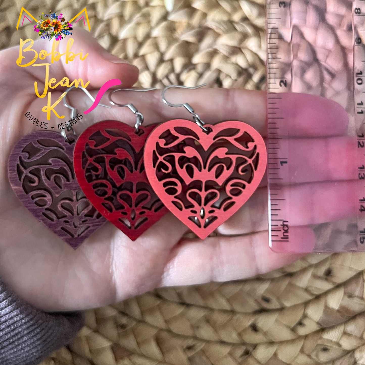 Doily Heart Dyed Wood Earrings: Choose From 3 Colors