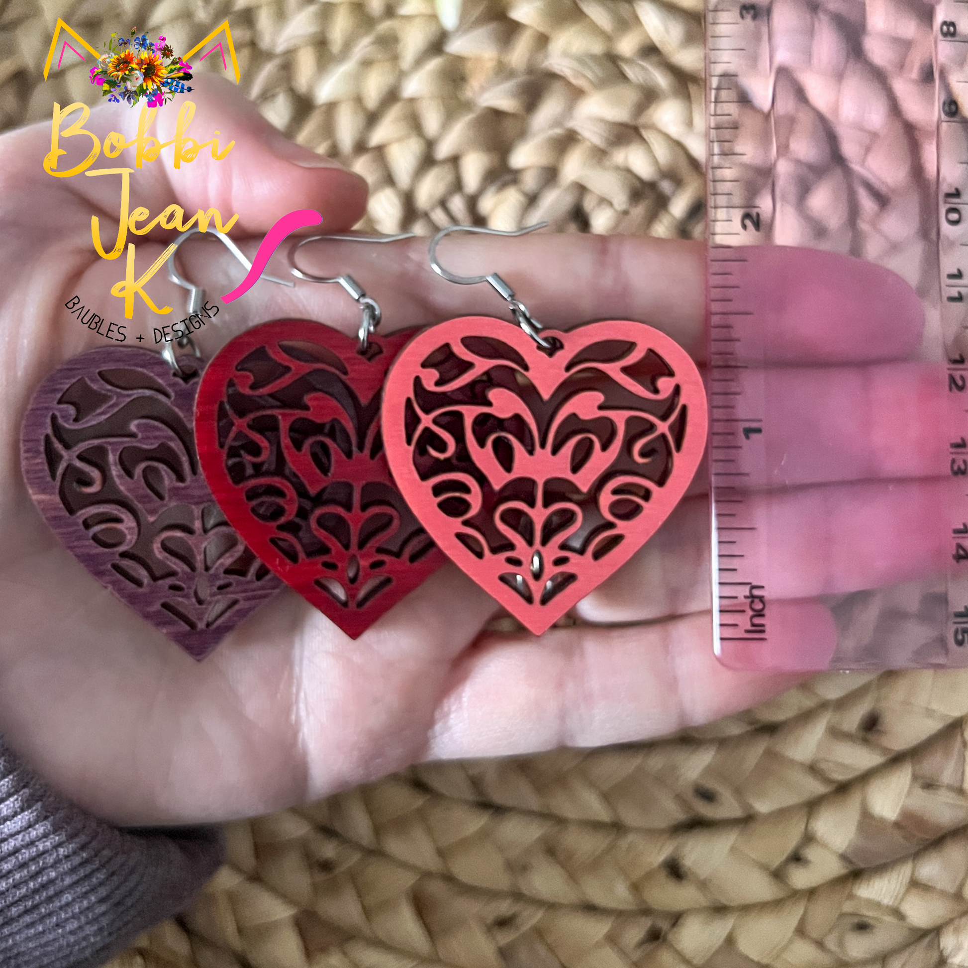 Doily Heart Dyed Wood Earrings: Choose From 3 Colors