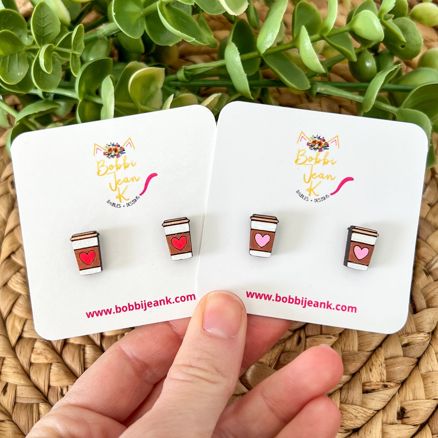 Hand Painted Heart Coffee Cup Wood Studs: Choose From 2 Colors