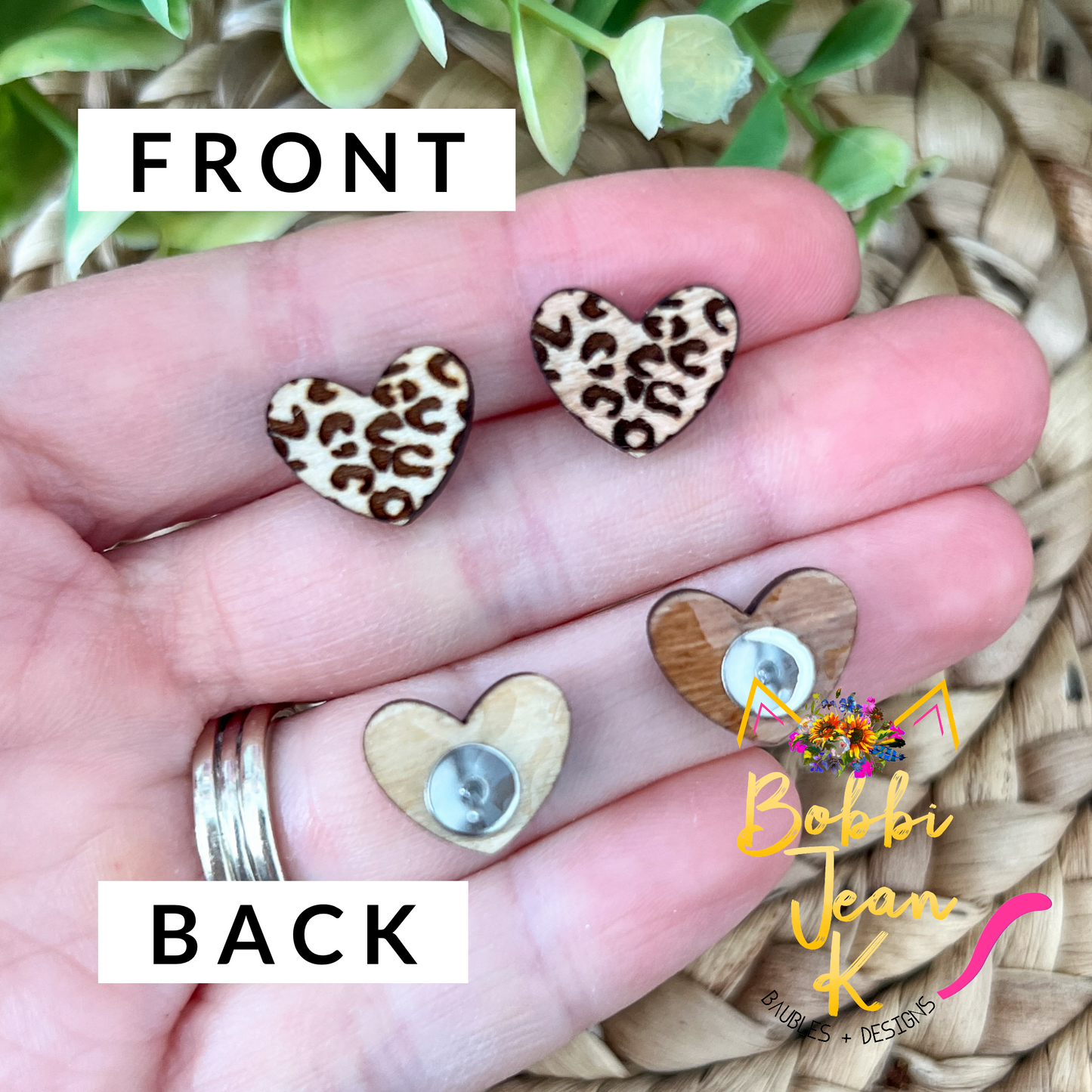 Leopard Engraved Wood Heart Stud Earrings: Choose From 2 Wood Types