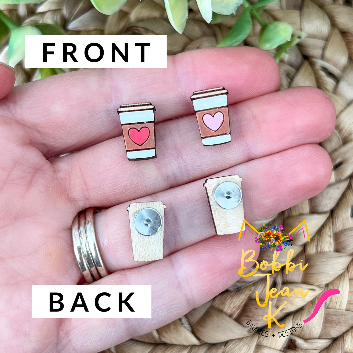Hand Painted Heart Coffee Cup Wood Studs: Choose From 2 Colors