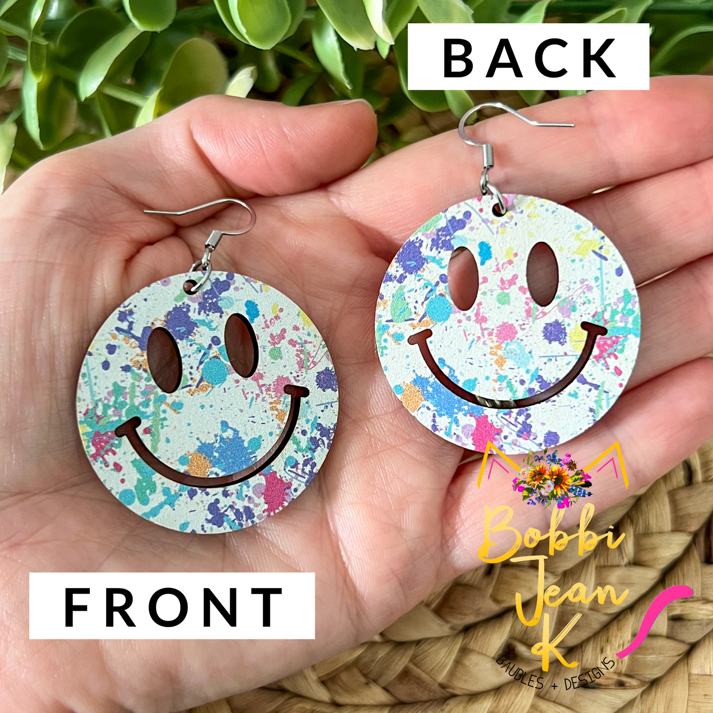 Paint Splatter Wood Smile Earrings - LAST CHANCE