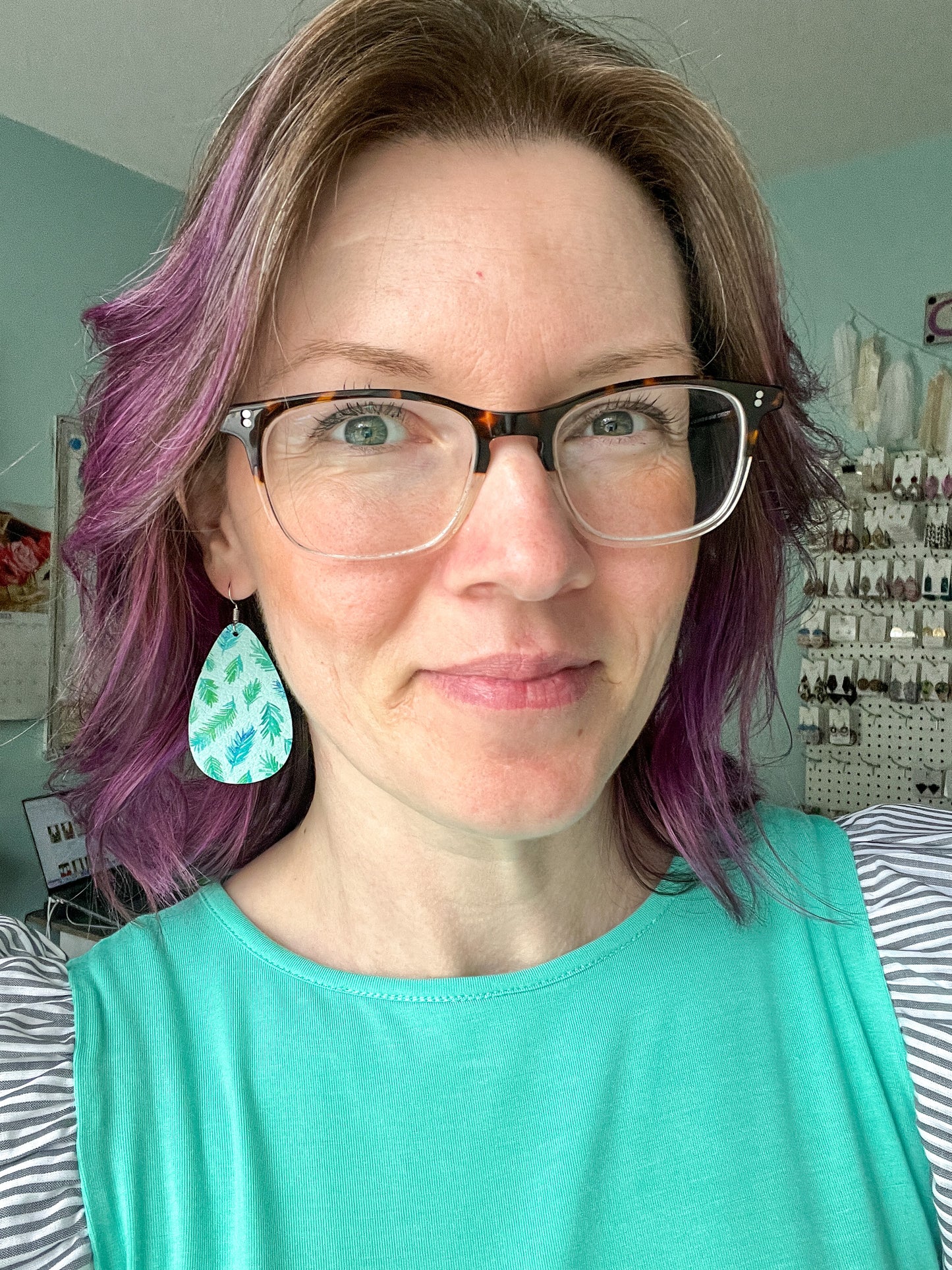 SALE: Aqua Fern Rounded Teardrop Leather Earrings - LAST CHANCE