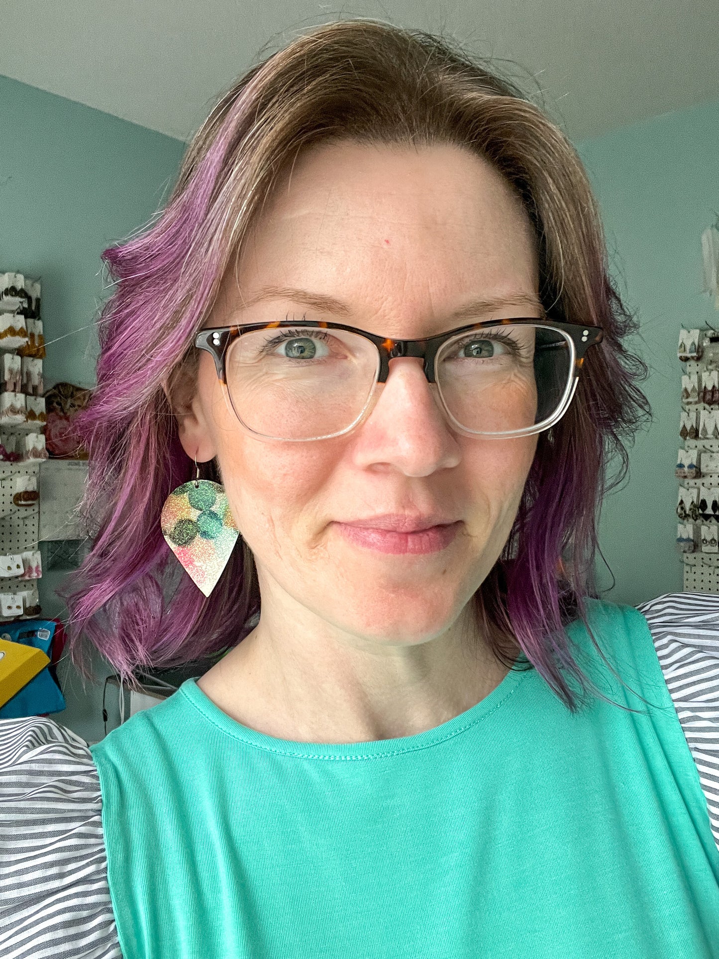 SALE: Infused Glitter Pink & Green Inverted Teardrop Leather Earrings - ONLY ONE LEFT