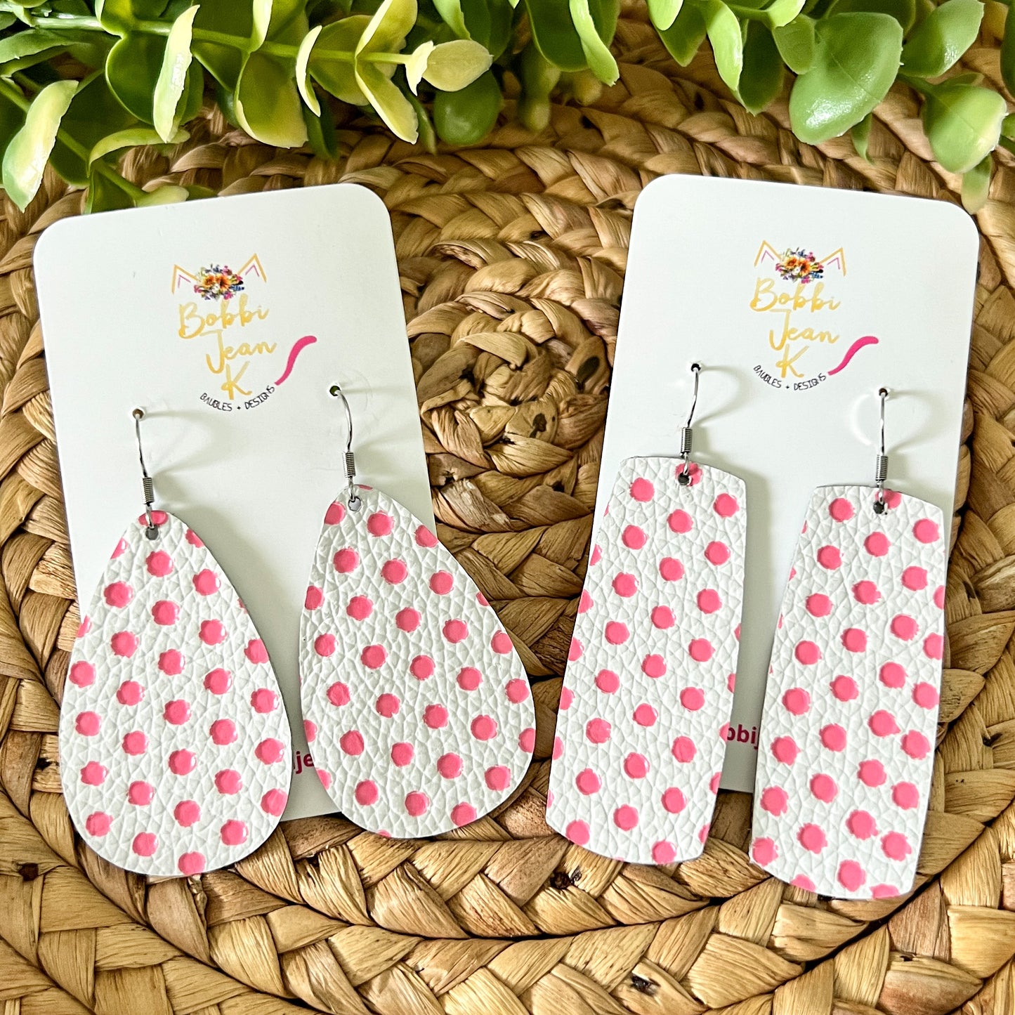 Pink Polka Dotted Embossed Leather Earrings: Choose From 2 Styles - ONLY ONE ROUNDED TEARDROP LEFT