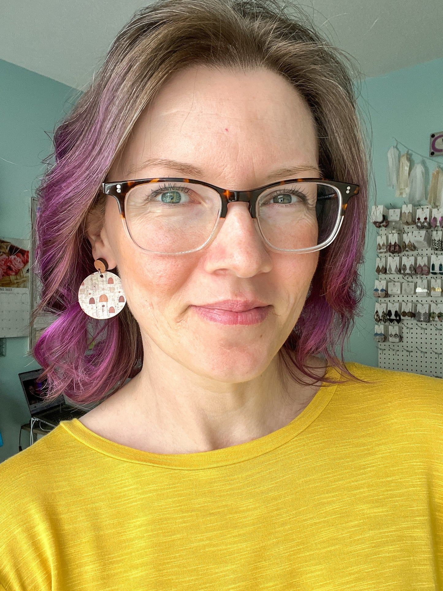 Vintage Rainbow Cork on Leather Circle Drop Earrings - LAST CHANCE