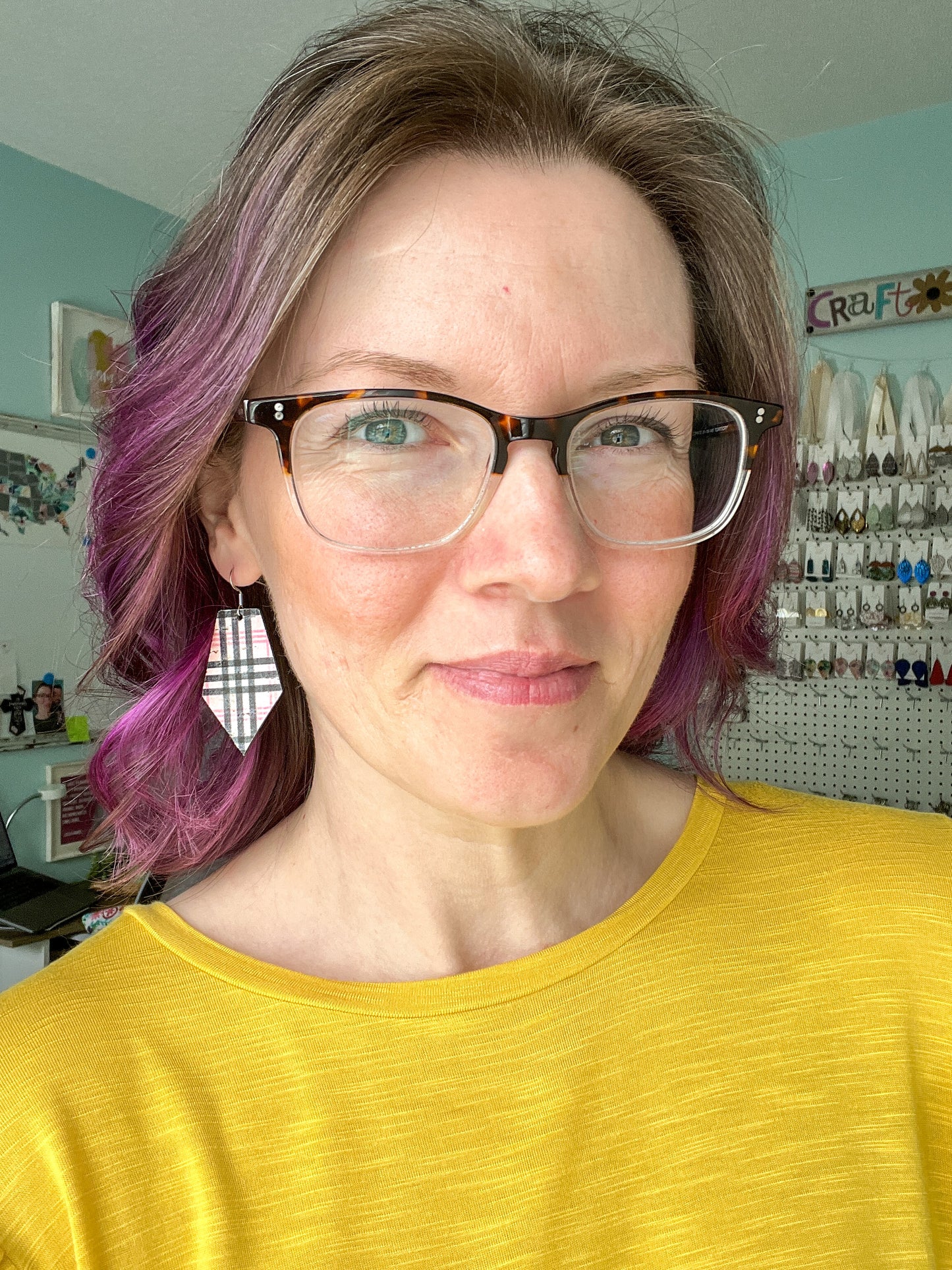 Pink & Black Plaid Pointed Pentagon Cork on Leather Earrings: Choose From 2 Sizes - LAST CHANCE