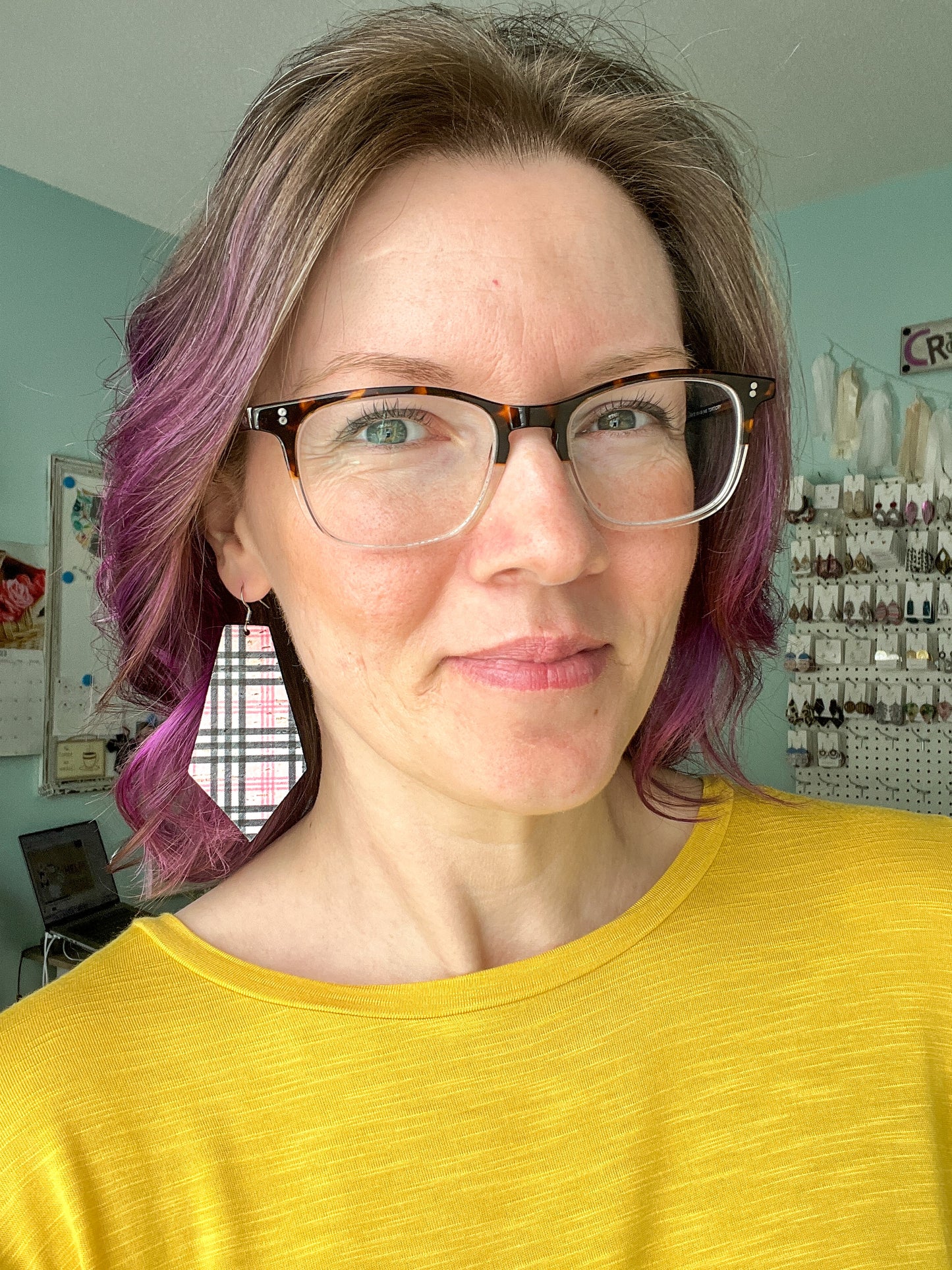 Pink & Black Plaid Pointed Pentagon Cork on Leather Earrings: Choose From 2 Sizes - LAST CHANCE