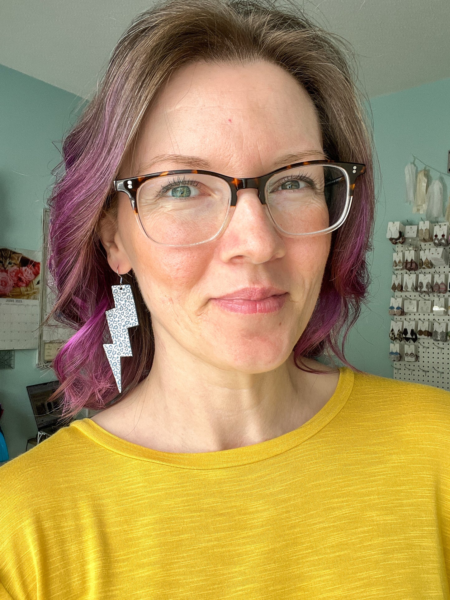 SALE: Baby Blue Leopard Lightning Bolt Leather Earrings