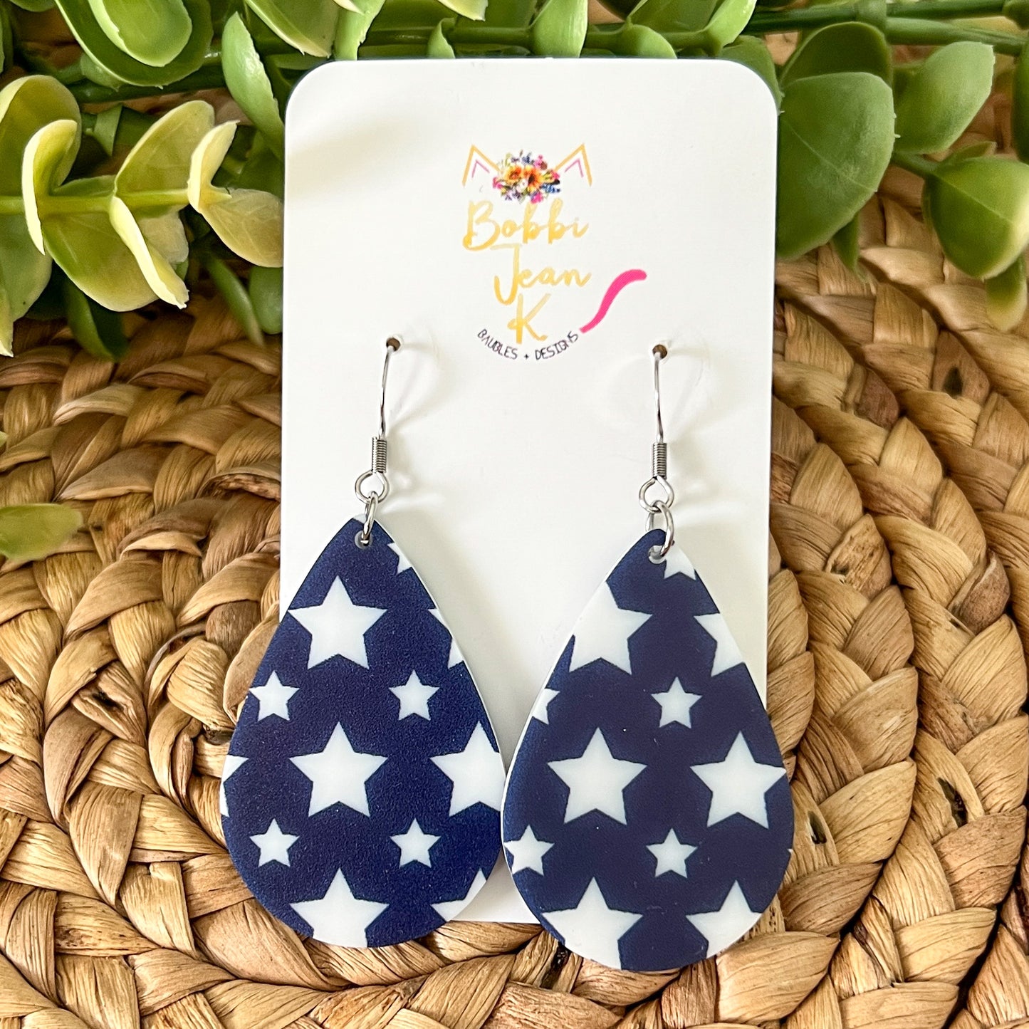 White Stars on Navy Acrylic Earrings: Choose From 3 Styles
