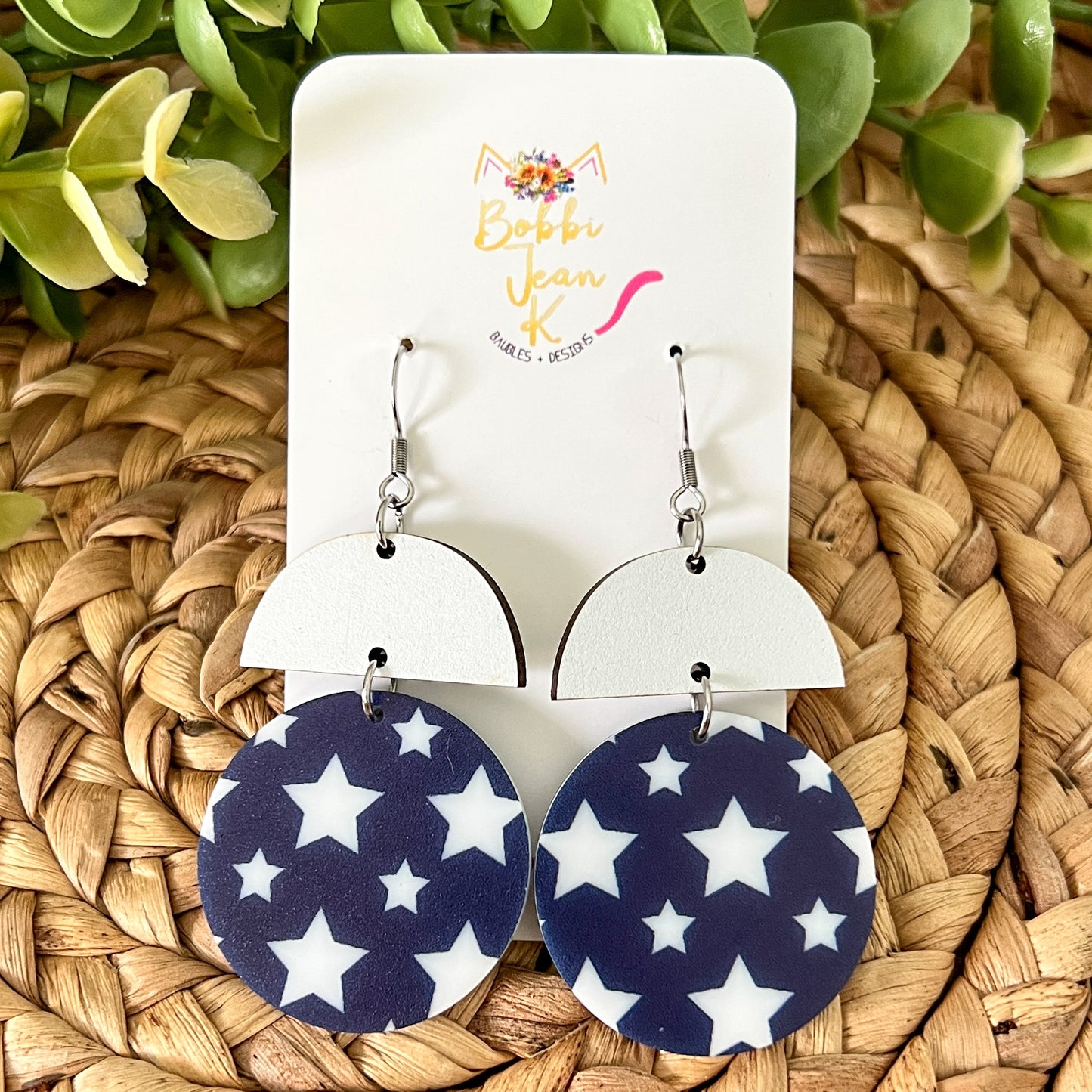 White Stars on Navy Acrylic Earrings: Choose From 3 Styles