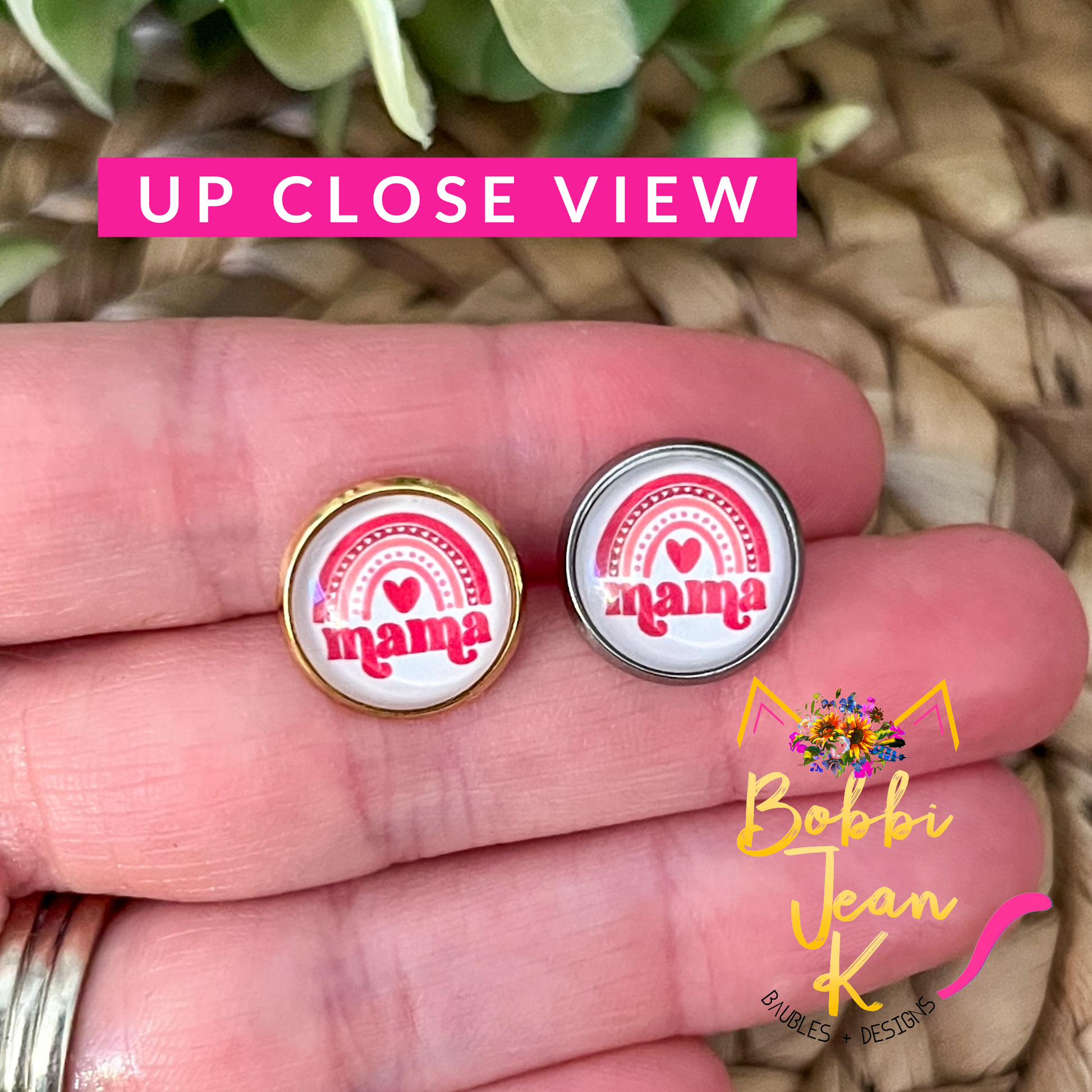 Mama Rainbow Heart Glass Studs 12mm: Choose Silver or Gold Settings