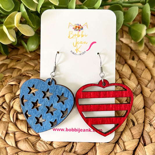 Stars & Stripes Color Dyed Heart Shaped Wood Earrings