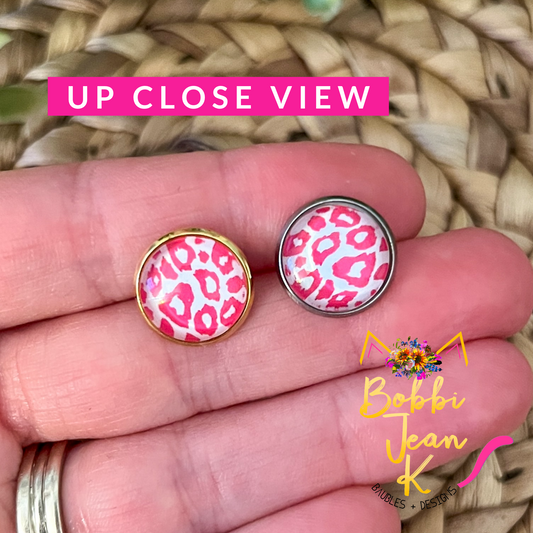 Pink Leopard Animal Print Glass Studs 12mm: Choose Silver or Gold Settings