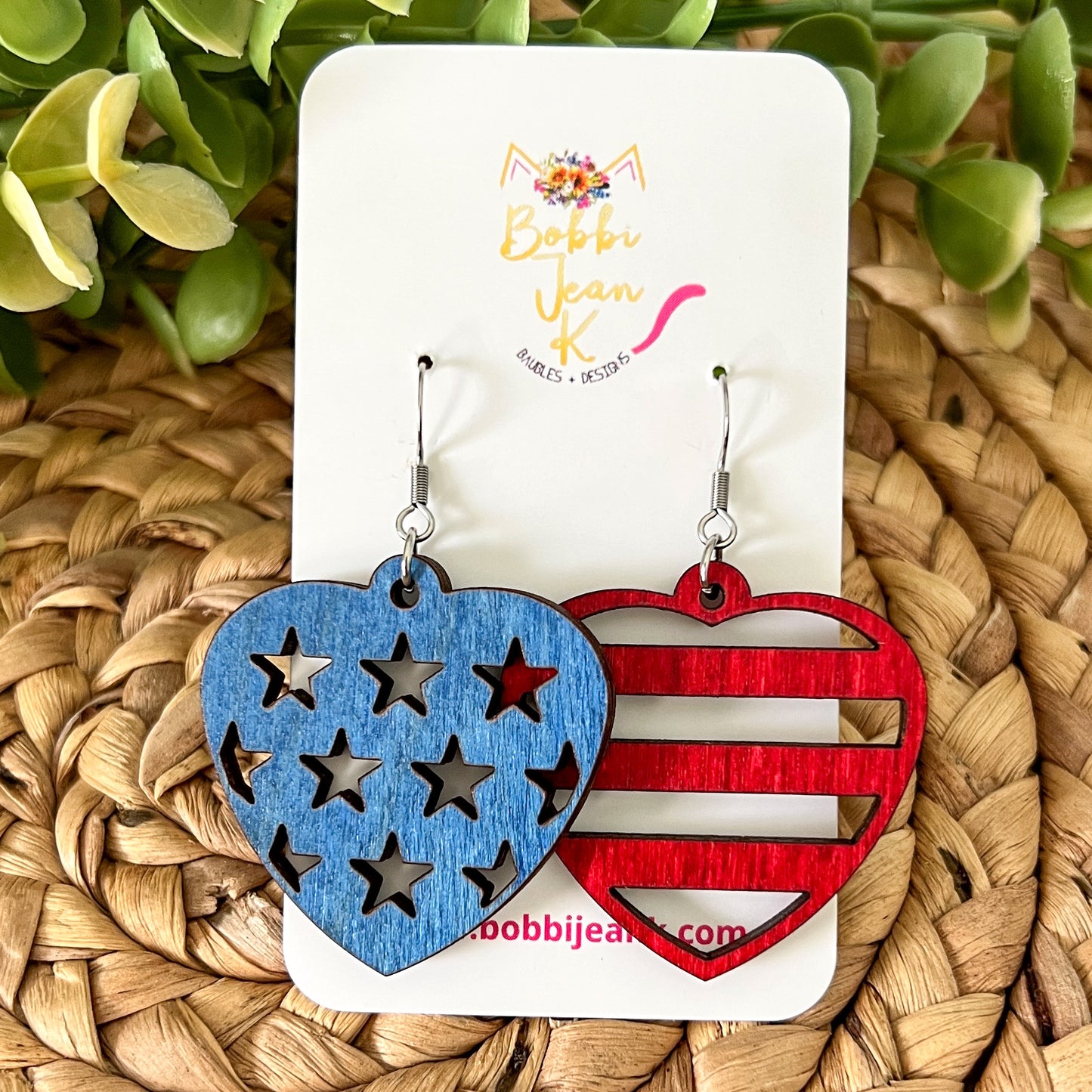 Stars & Stripes Heart Shaped Dyed Wood Earrings