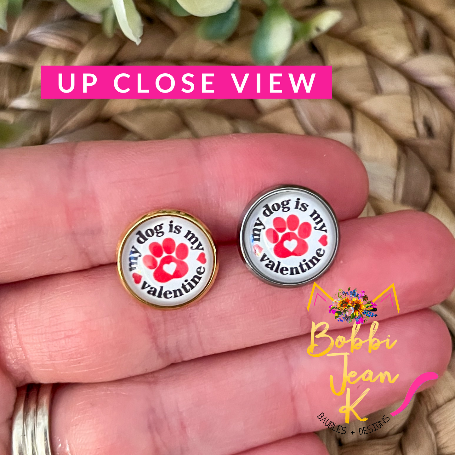 My Dog is My Valentine Glass Studs 12mm: Choose Silver or Gold Settings