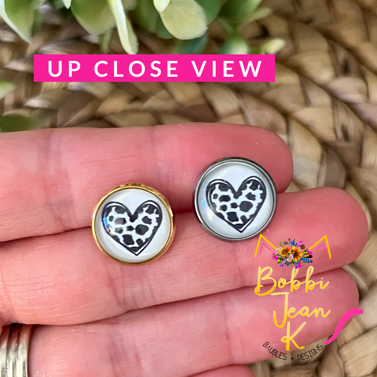 Cow Print Heart Glass Studs 12mm: Choose Silver or Gold Settings