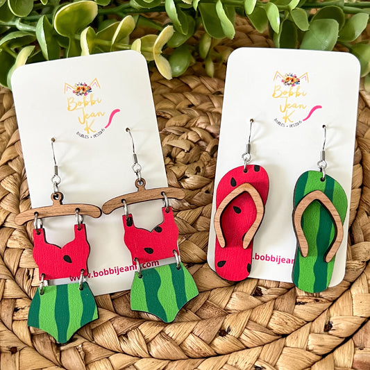 Watermelon Wood Swimsuit & Flip Flop Earrings