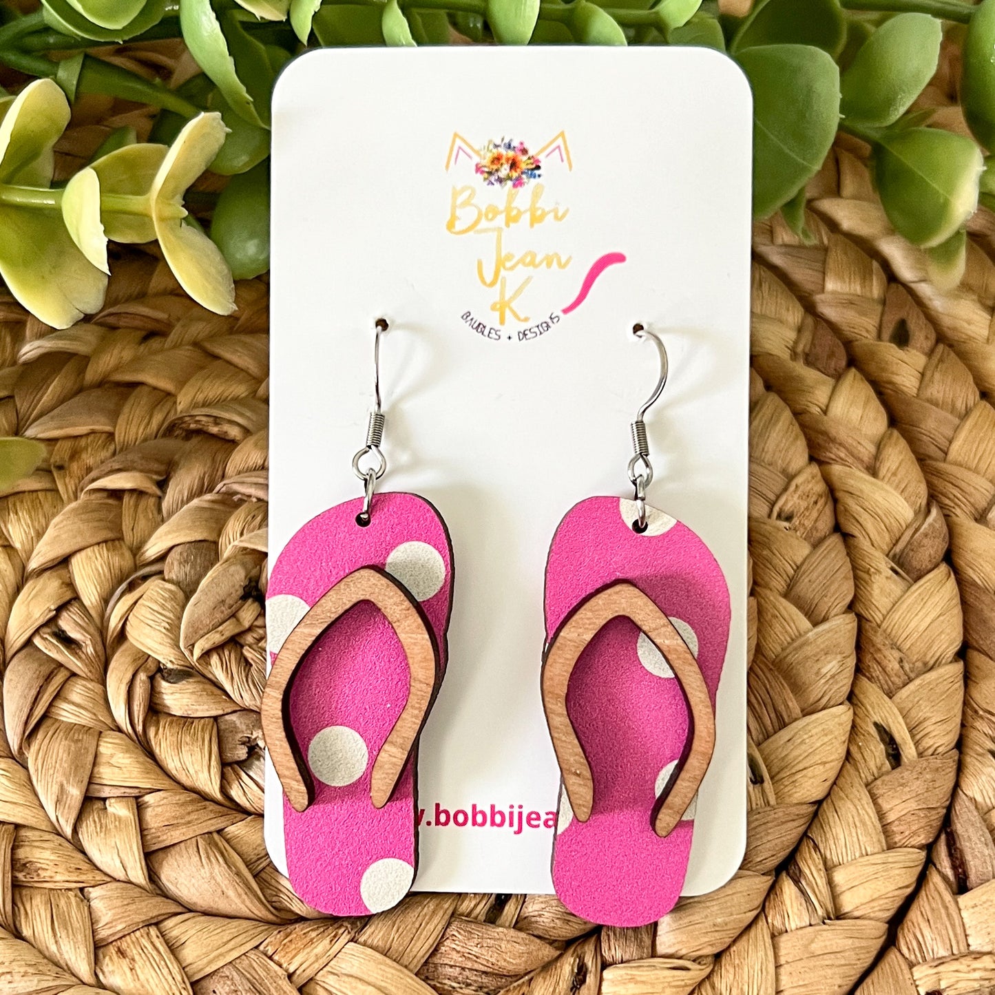 Pink & White Polka Dotted Swimsuit & Flip Flop Earrings