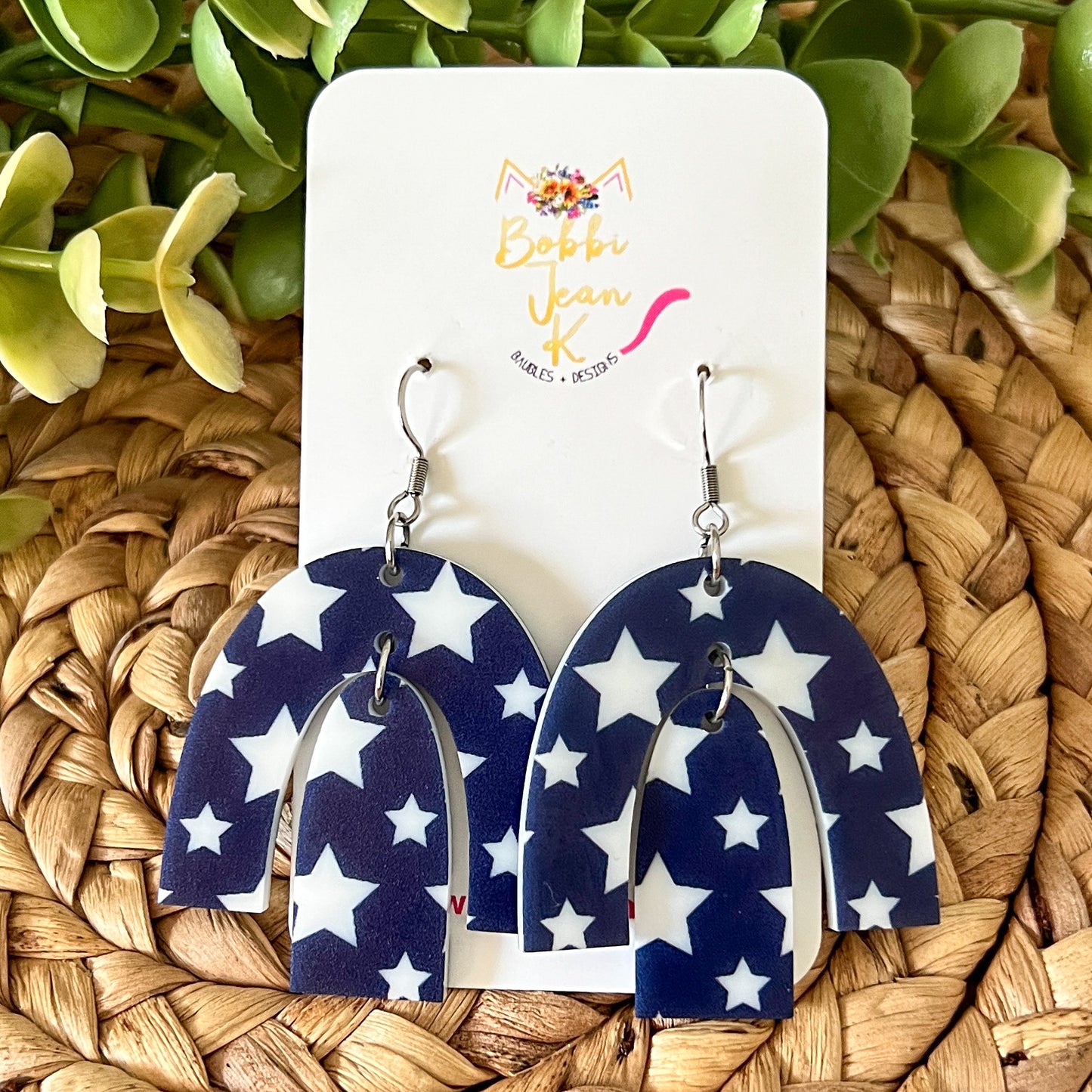 White Stars on Navy Rainbow Arch Acrylic Earrings: Choose from 3 Sizes