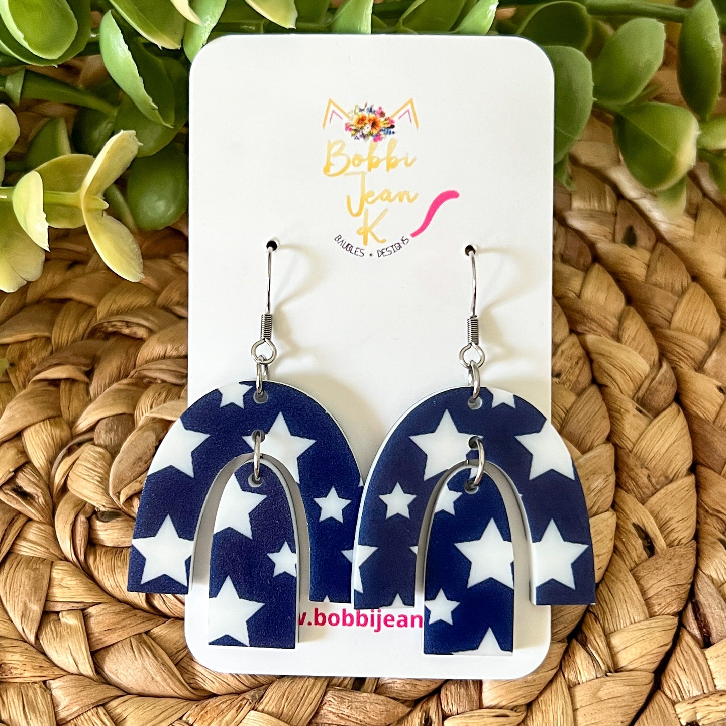 White Stars on Navy Rainbow Arch Acrylic Earrings: Choose from 3 Sizes