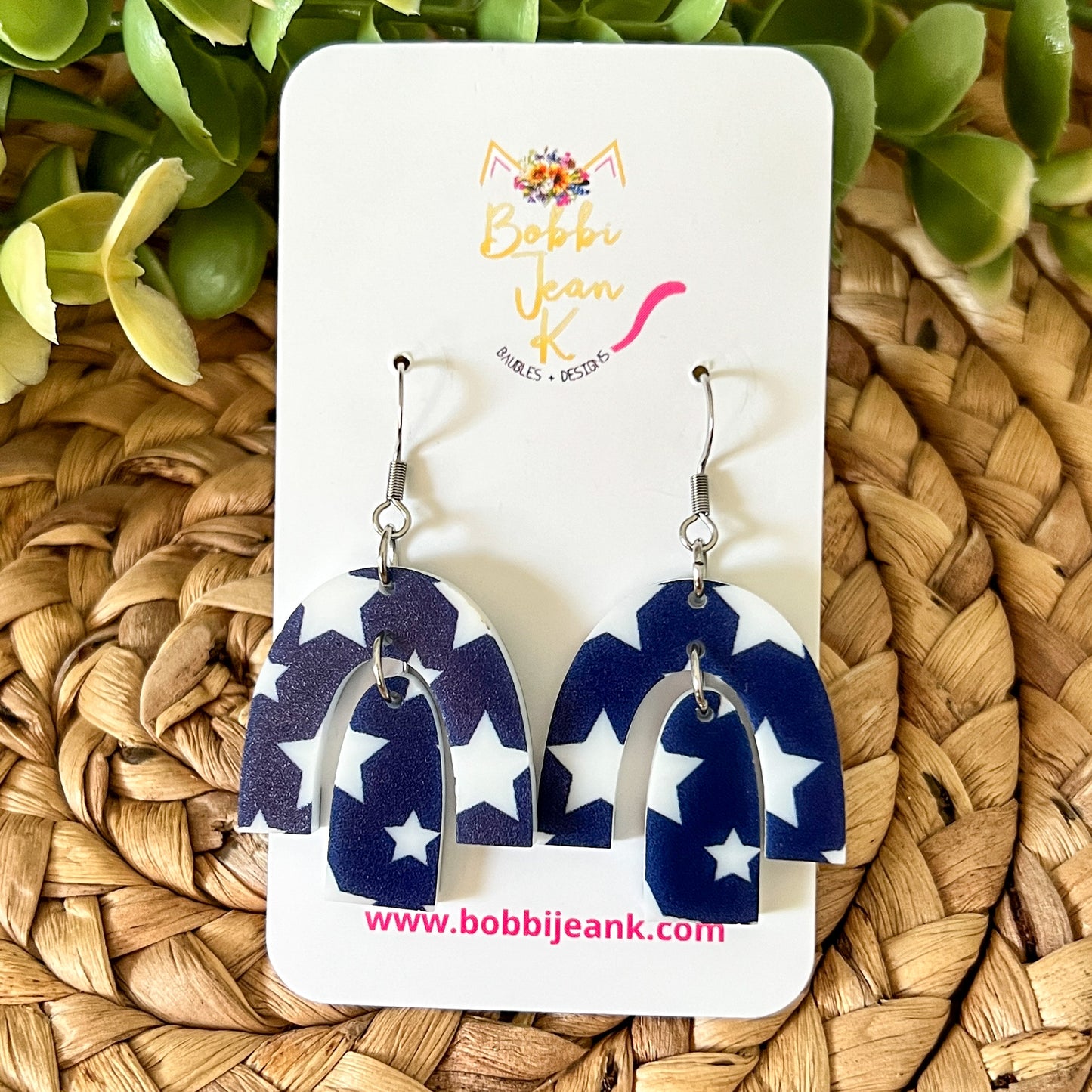 White Stars on Navy Rainbow Arch Acrylic Earrings: Choose from 3 Sizes