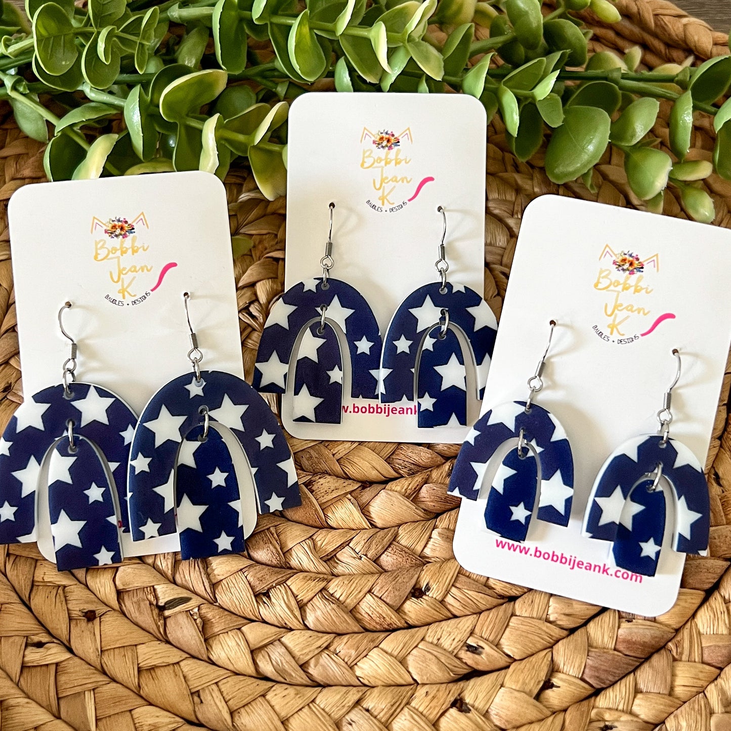 White Stars on Navy Rainbow Arch Acrylic Earrings: Choose from 3 Sizes