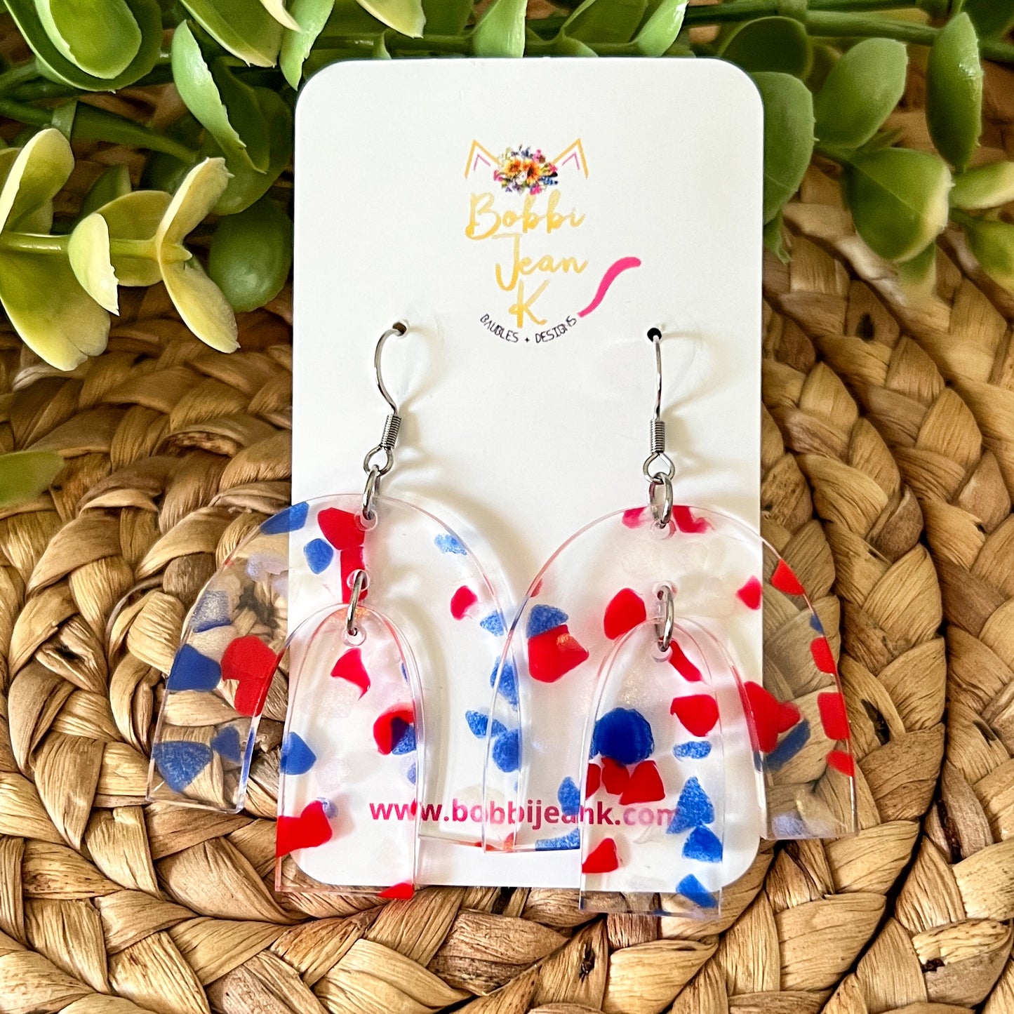 Red & Blue Clear Terrazzo Rainbow Arch Acrylic Earrings: Choose from 3 Sizes