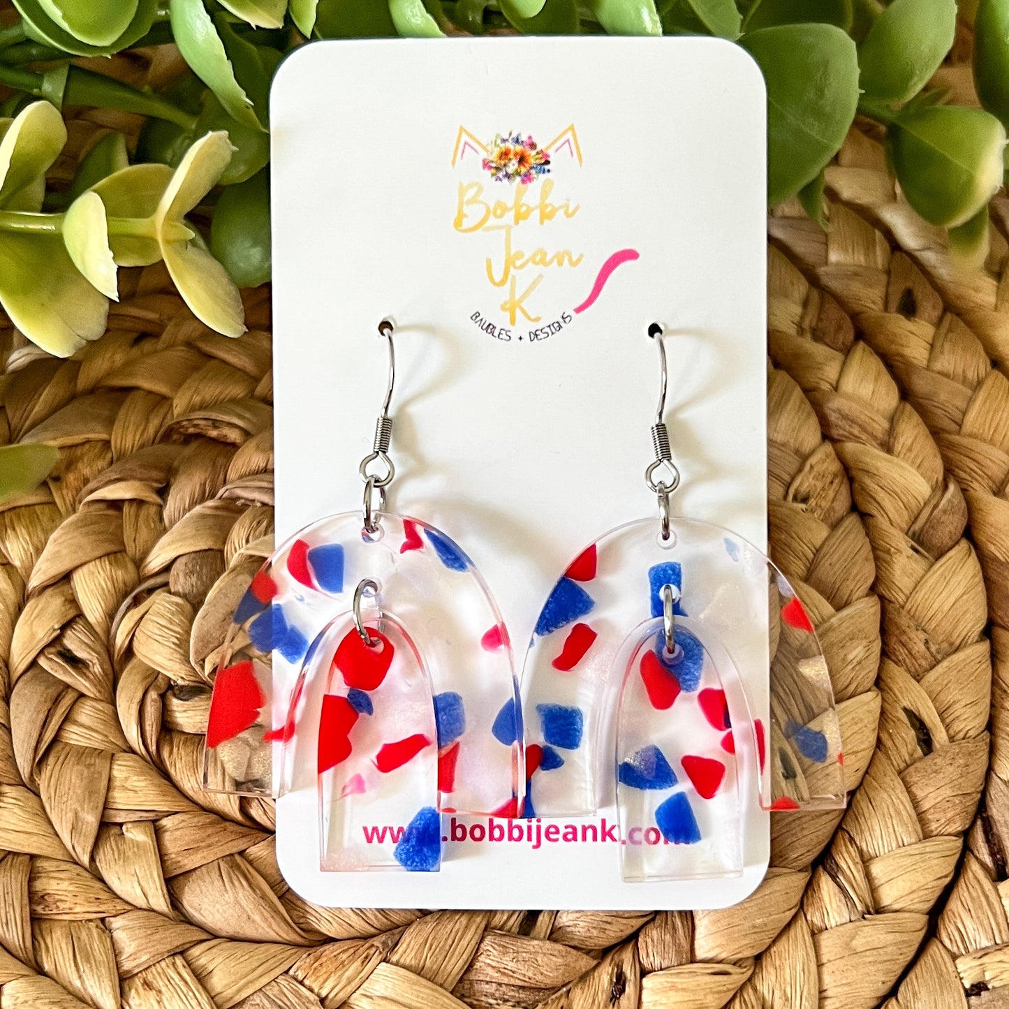 Red & Blue Clear Terrazzo Rainbow Arch Acrylic Earrings: Choose from 3 Sizes
