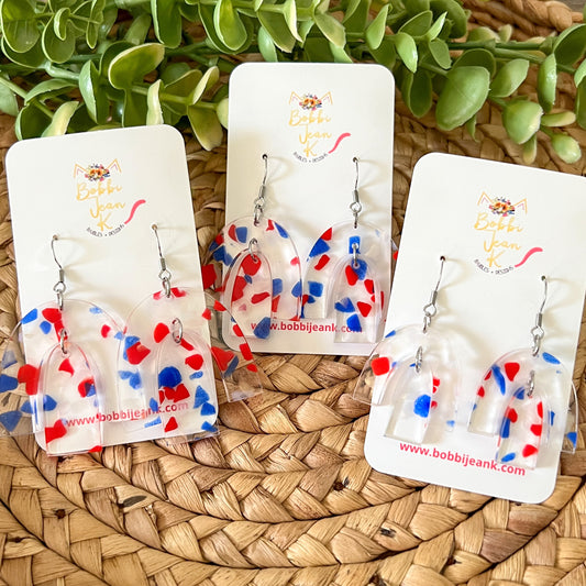 Red & Blue Clear Terrazzo Rainbow Arch Acrylic Earrings: Choose from 3 Sizes
