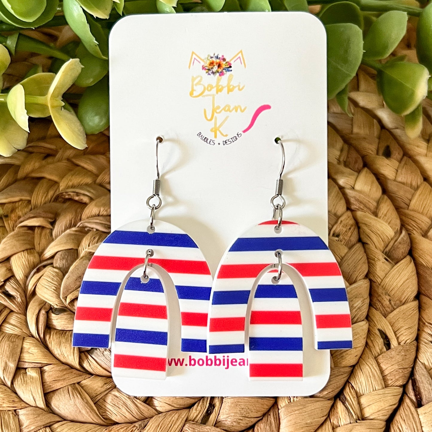 Red, White, & Blue Striped Rainbow Arch Acrylic Earrings: Choose from 3 Sizes