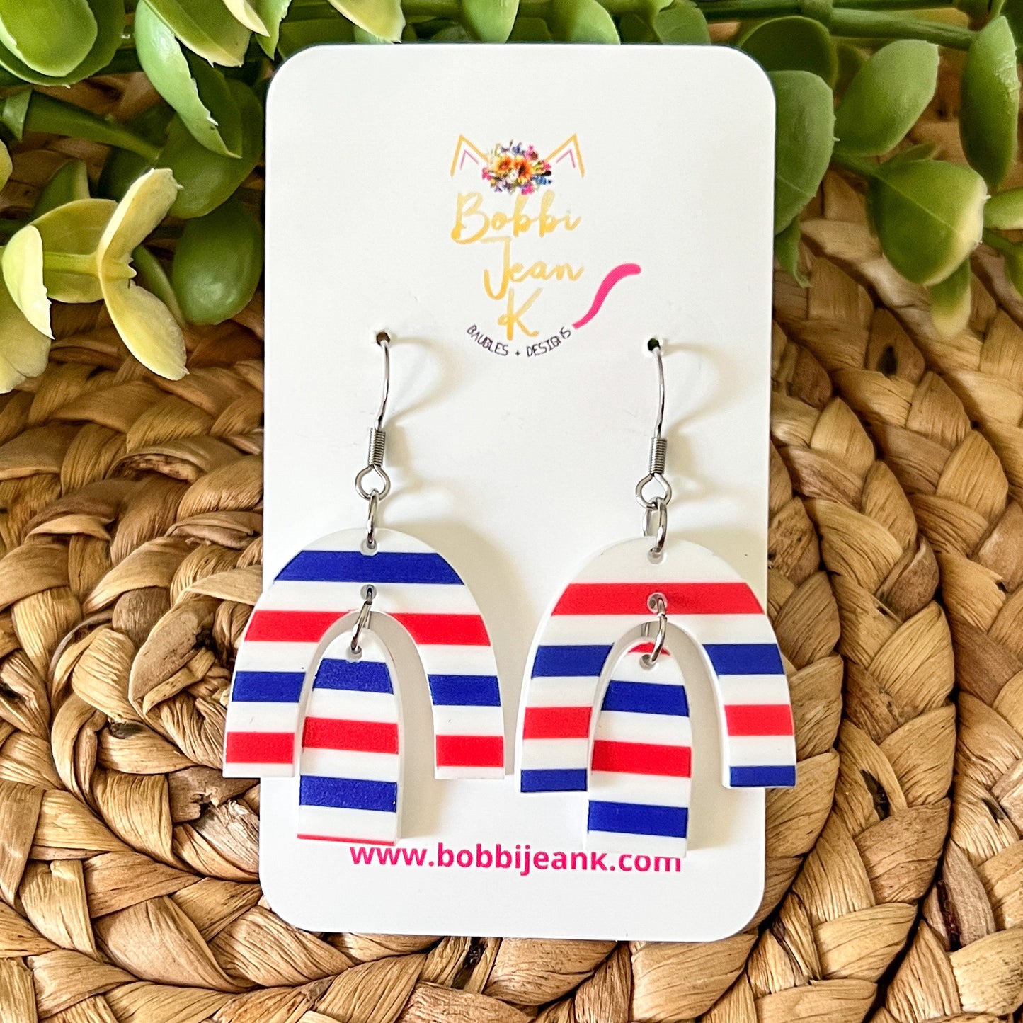Red, White, & Blue Striped Rainbow Arch Acrylic Earrings: Choose from 3 Sizes