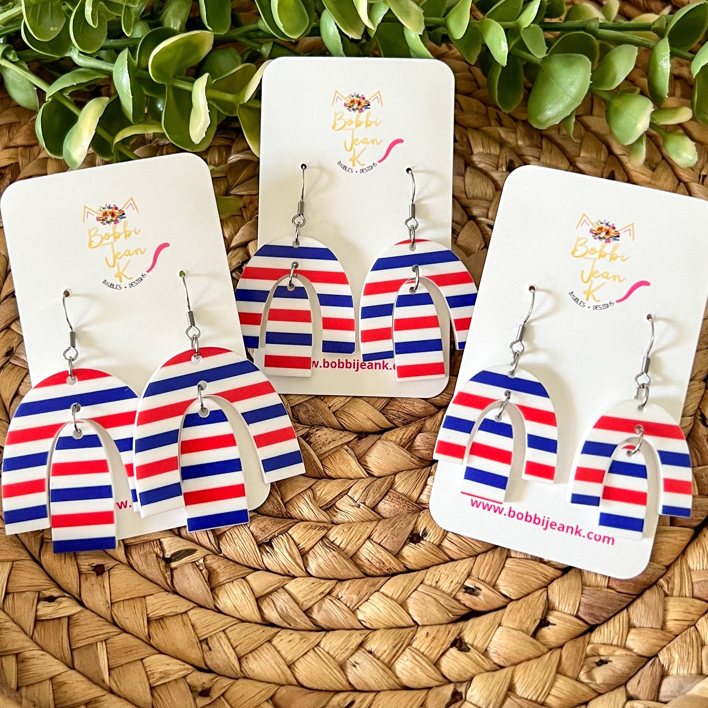 Red, White, & Blue Striped Rainbow Arch Acrylic Earrings: Choose from 3 Sizes