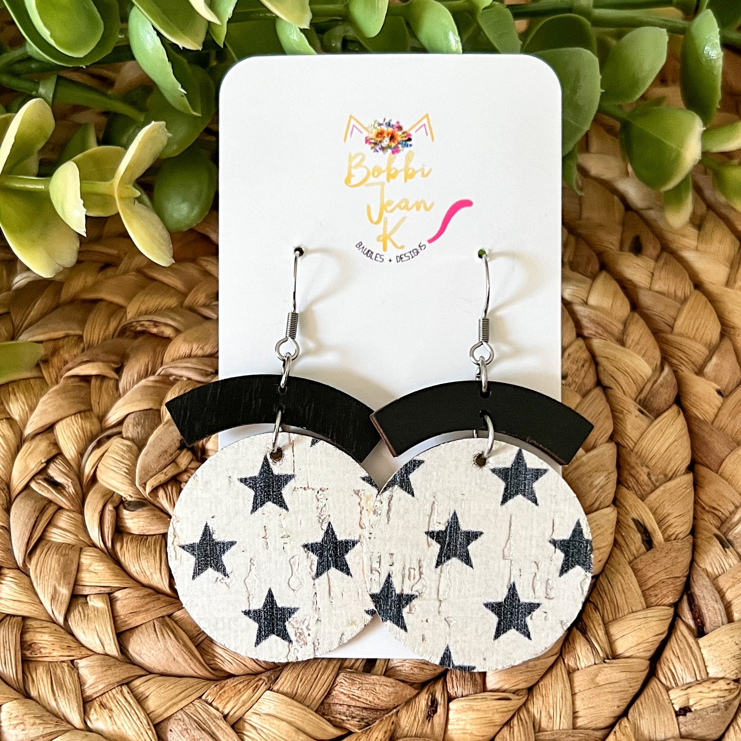 Black Stars on Natural or White Cork on Leather Circle Drop Earrings