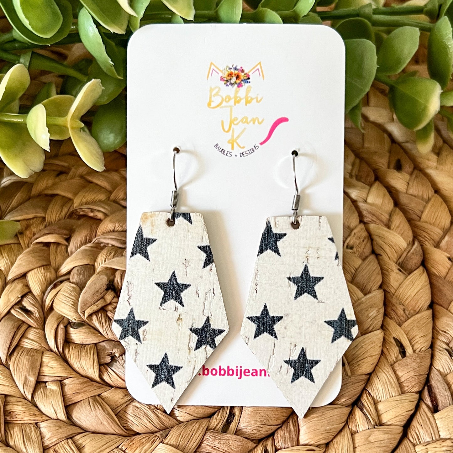 Black Stars on White Cork on Leather Pointed Pentagon Earrings: Choose From 2 Sizes