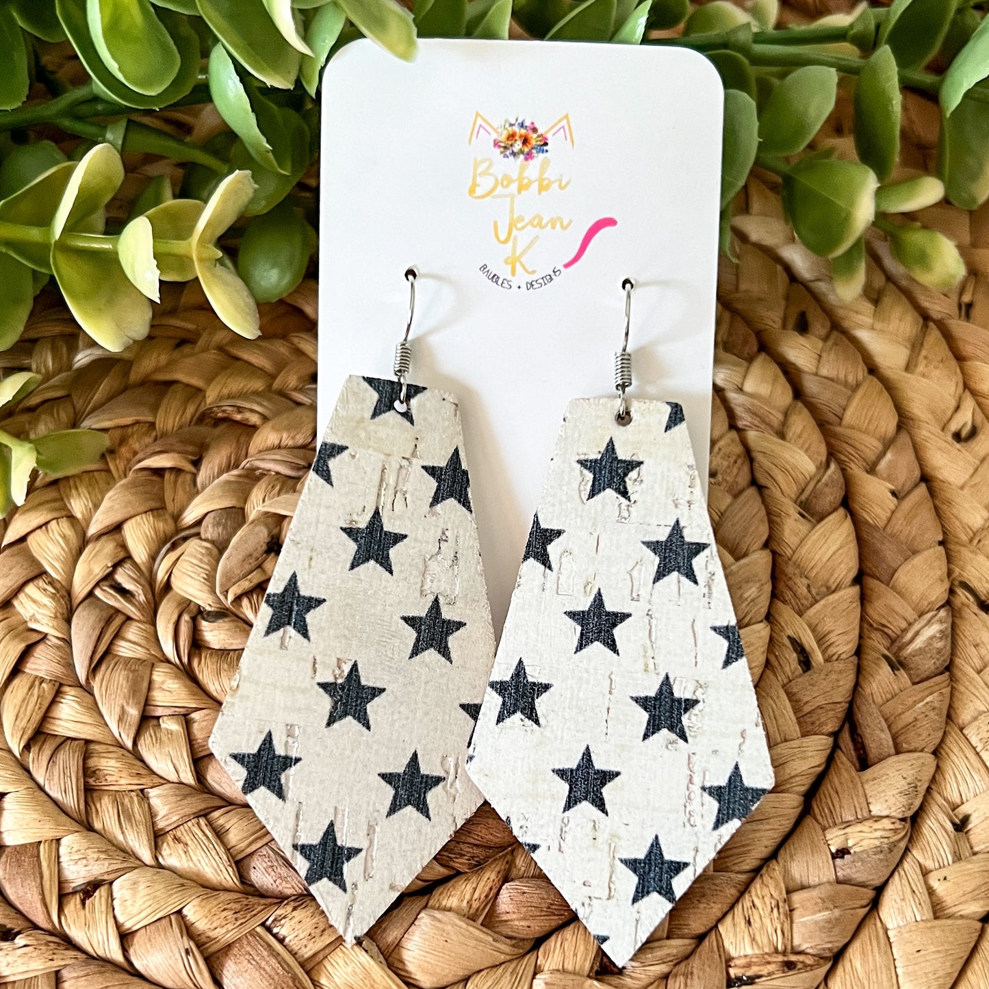 Black Stars on White Cork on Leather Pointed Pentagon Earrings: Choose From 2 Sizes