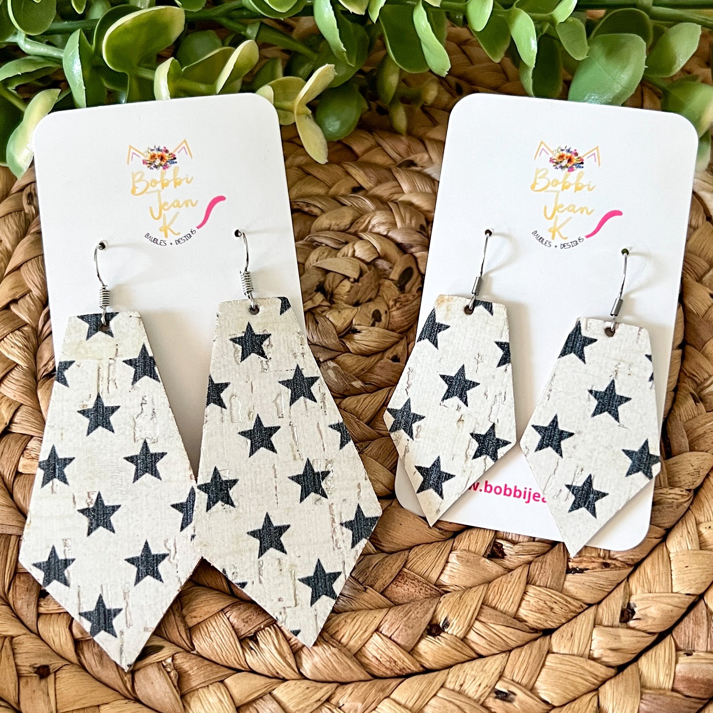 Black Stars on White Cork on Leather Pointed Pentagon Earrings: Choose From 2 Sizes