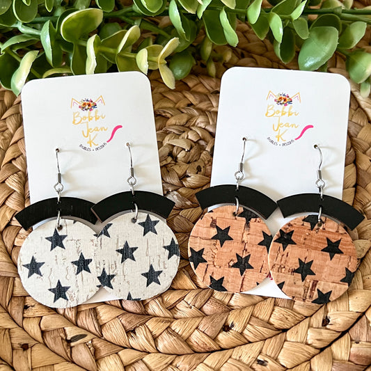 Black Stars on Natural or White Cork on Leather Circle Drop Earrings