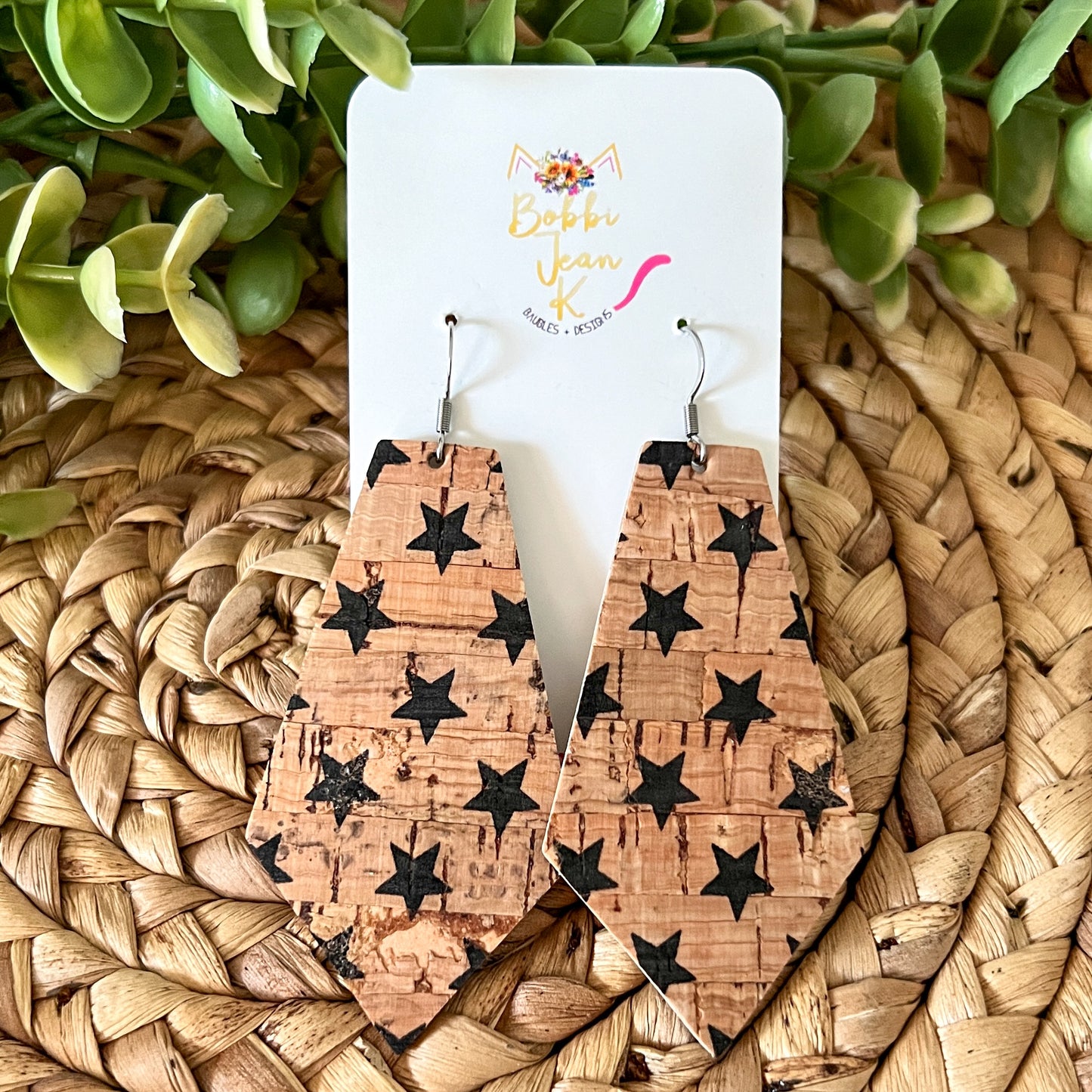 Black Stars on Natural Cork on Leather Pointed Pentagons: Choose From 2 Sizes